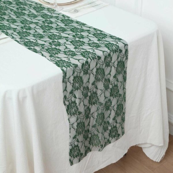 Jute Burlap & Lace Runners |  12″x108″ Hunter Emerald Green Vintage Rose Flower Lace Table Runner