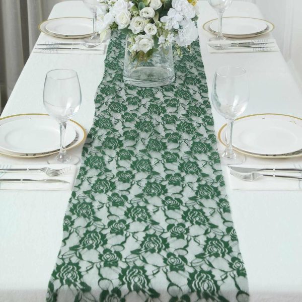 Jute Burlap & Lace Runners |  12″x108″ Hunter Emerald Green Vintage Rose Flower Lace Table Runner