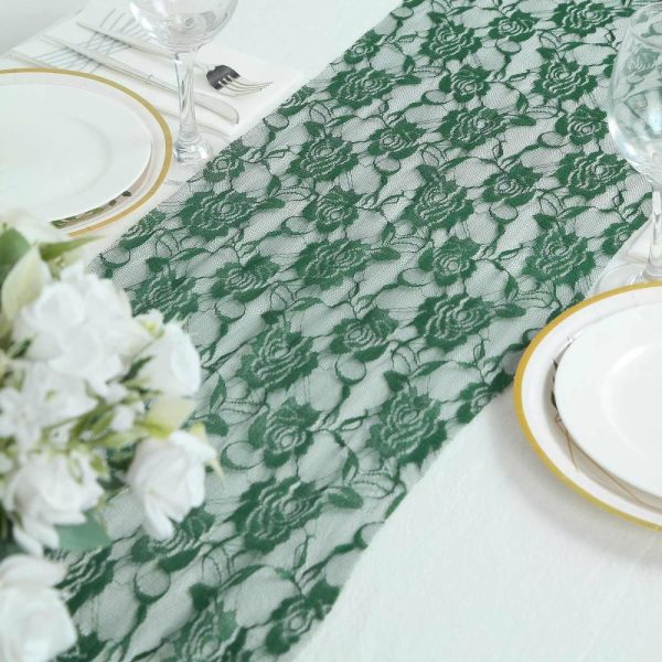 Jute Burlap & Lace Runners |  12″x108″ Hunter Emerald Green Vintage Rose Flower Lace Table Runner