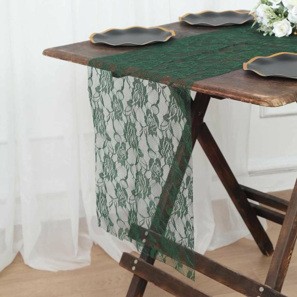 Jute Burlap & Lace Runners |  12″x108″ Hunter Emerald Green Vintage Rose Flower Lace Table Runner