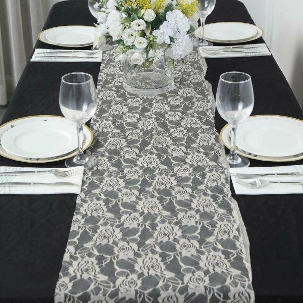 Jute Burlap & Lace Runners |  12″x108″ Ivory Vintage Rose Flower Lace Table Runner