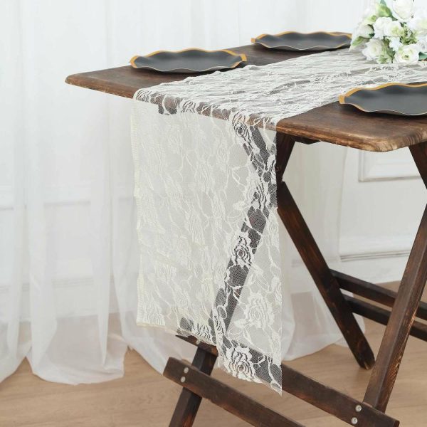 Jute Burlap & Lace Runners |  12″x108″ Ivory Vintage Rose Flower Lace Table Runner