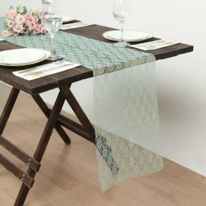 Jute Burlap & Lace Runners |  12″x108″ Sage Green Floral Lace Table Runner