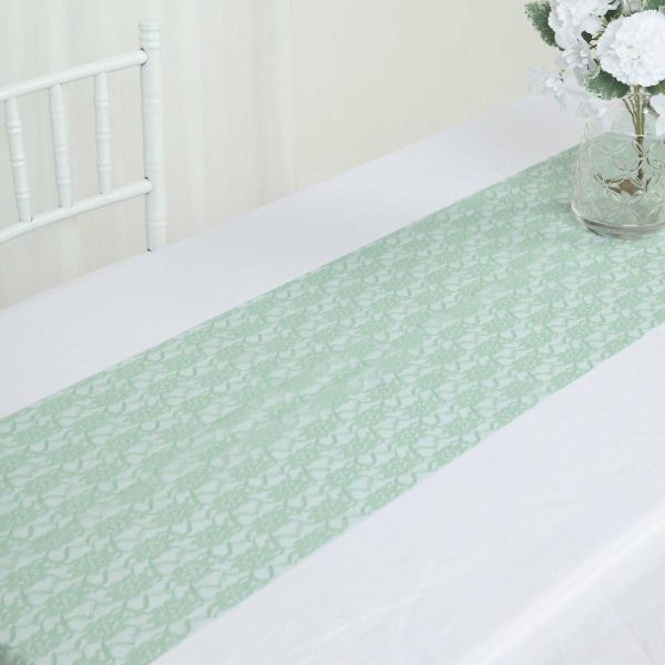 Jute Burlap & Lace Runners |  12″x108″ Sage Green Floral Lace Table Runner