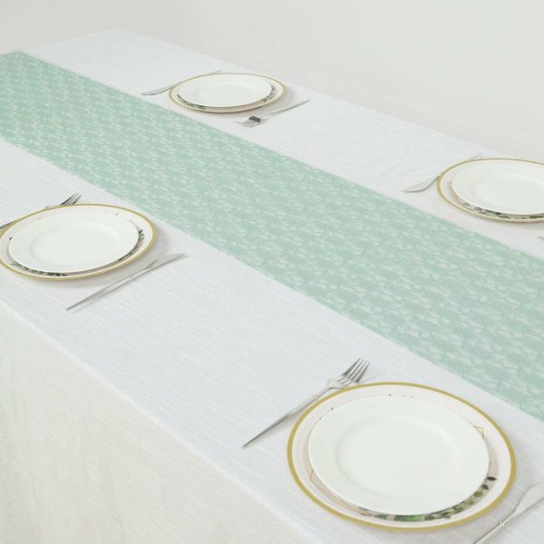 Jute Burlap & Lace Runners |  12″x108″ Sage Green Floral Lace Table Runner