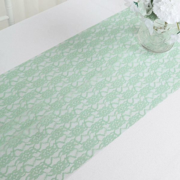 Jute Burlap & Lace Runners |  12″x108″ Sage Green Floral Lace Table Runner