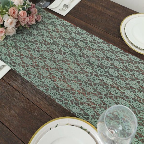 Jute Burlap & Lace Runners |  12″x108″ Sage Green Floral Lace Table Runner