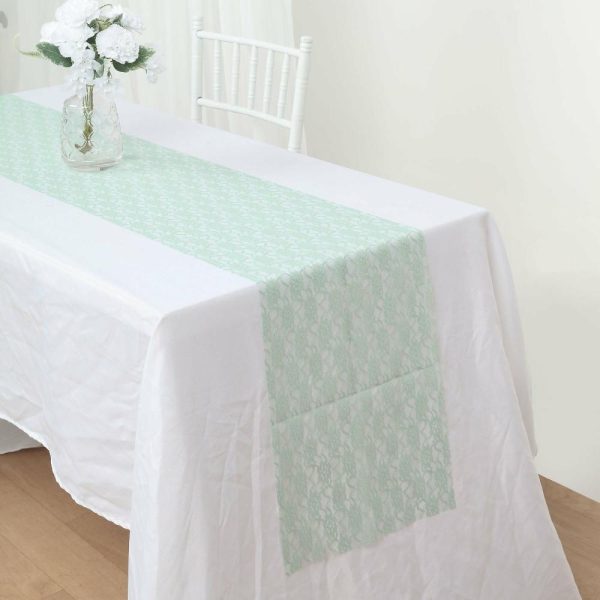 Jute Burlap & Lace Runners |  12″x108″ Sage Green Floral Lace Table Runner