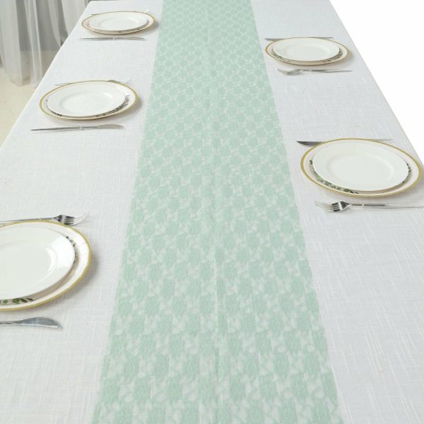 Jute Burlap & Lace Runners |  12″x108″ Sage Green Floral Lace Table Runner