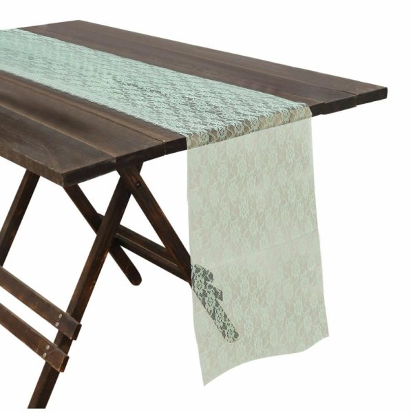 Jute Burlap & Lace Runners |  12″x108″ Sage Green Floral Lace Table Runner