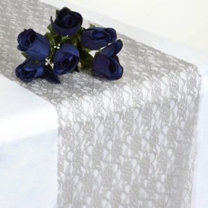 Jute Burlap & Lace Runners |  12″x108″ Silver Floral Lace Table Runner