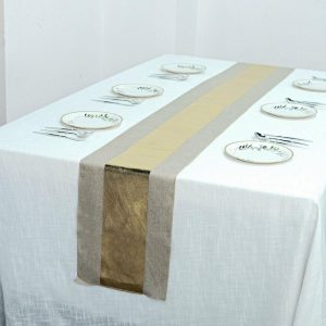 Jute Burlap & Lace Runners |  12″x108″ Taupe Gold Foil Center Rustic Faux Burlap Cloth Table Runner