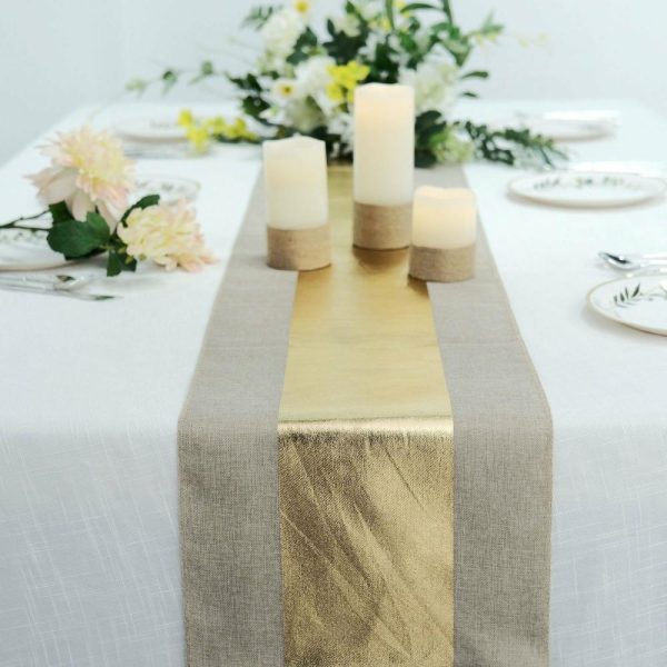 Jute Burlap & Lace Runners |  12″x108″ Taupe Gold Foil Center Rustic Faux Burlap Cloth Table Runner