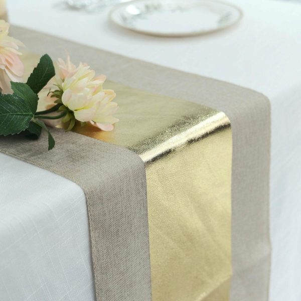 Jute Burlap & Lace Runners |  12″x108″ Taupe Gold Foil Center Rustic Faux Burlap Cloth Table Runner