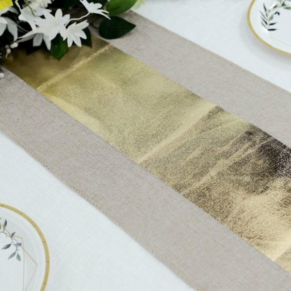 Jute Burlap & Lace Runners |  12″x108″ Taupe Gold Foil Center Rustic Faux Burlap Cloth Table Runner