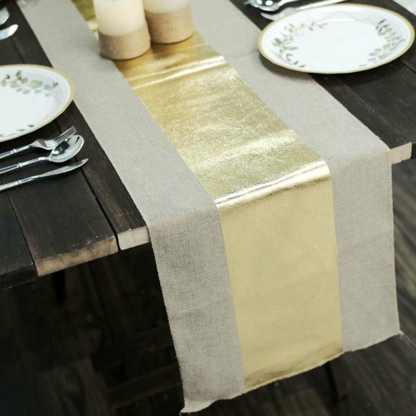 Jute Burlap & Lace Runners |  12″x108″ Taupe Gold Foil Center Rustic Faux Burlap Cloth Table Runner