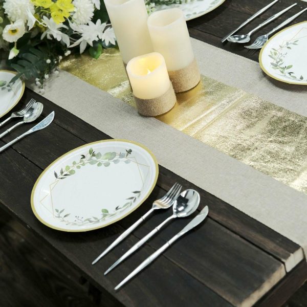 Jute Burlap & Lace Runners |  12″x108″ Taupe Gold Foil Center Rustic Faux Burlap Cloth Table Runner