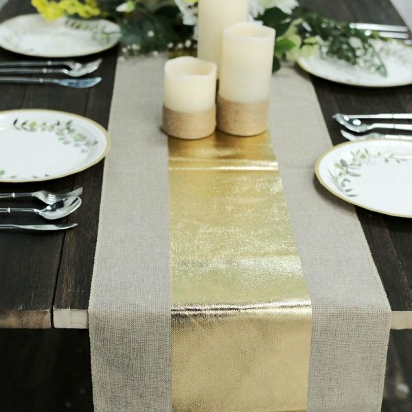 Jute Burlap & Lace Runners |  12″x108″ Taupe Gold Foil Center Rustic Faux Burlap Cloth Table Runner