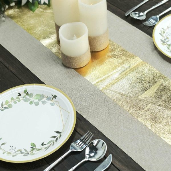 Jute Burlap & Lace Runners |  12″x108″ Taupe Gold Foil Center Rustic Faux Burlap Cloth Table Runner