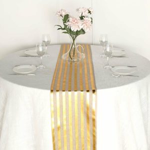 Jute Burlap & Lace Runners |  12″x108″ Taupe Gold Foil Stripes Rustic Faux Burlap Cloth Table Runner