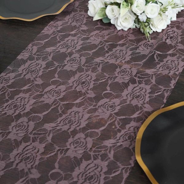 Jute Burlap & Lace Runners |  12″x108″ Violet Amethyst Floral Lace Table Runner