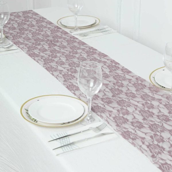 Jute Burlap & Lace Runners |  12″x108″ Violet Amethyst Floral Lace Table Runner