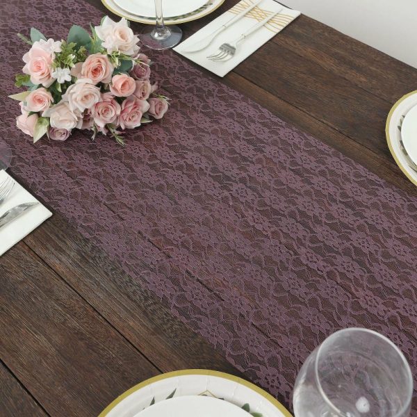 Jute Burlap & Lace Runners |  12″x108″ Violet Amethyst Floral Lace Table Runner