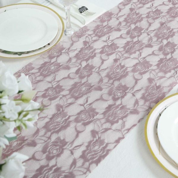 Jute Burlap & Lace Runners |  12″x108″ Violet Amethyst Floral Lace Table Runner