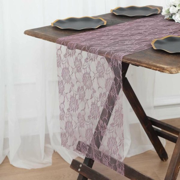 Jute Burlap & Lace Runners |  12″x108″ Violet Amethyst Floral Lace Table Runner