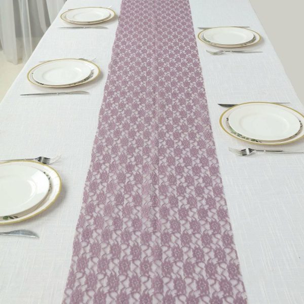 Jute Burlap & Lace Runners |  12″x108″ Violet Amethyst Floral Lace Table Runner