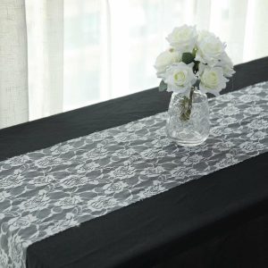 Jute Burlap & Lace Runners |  12″x108″ White Vintage Rose Flower Lace Table Runner