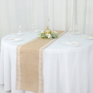 Jute Burlap & Lace Runners |  14″x104″ Natural Jute Burlap Table Runner With White Lace Trim Edges, Boho Chic Rustic Decor