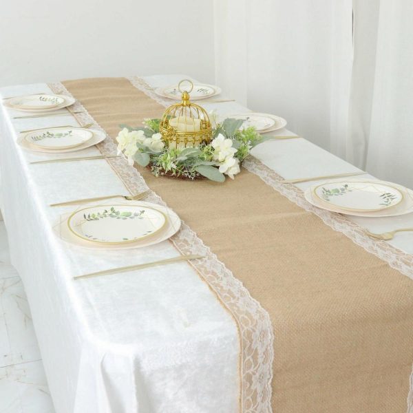 Jute Burlap & Lace Runners |  14″x104″ Natural Jute Burlap Table Runner With White Lace Trim Edges, Boho Chic Rustic Decor