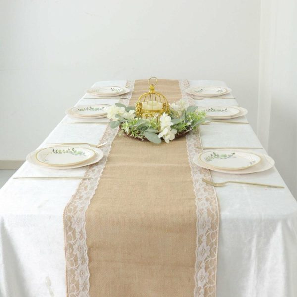 Jute Burlap & Lace Runners |  14″x104″ Natural Jute Burlap Table Runner With White Lace Trim Edges, Boho Chic Rustic Decor