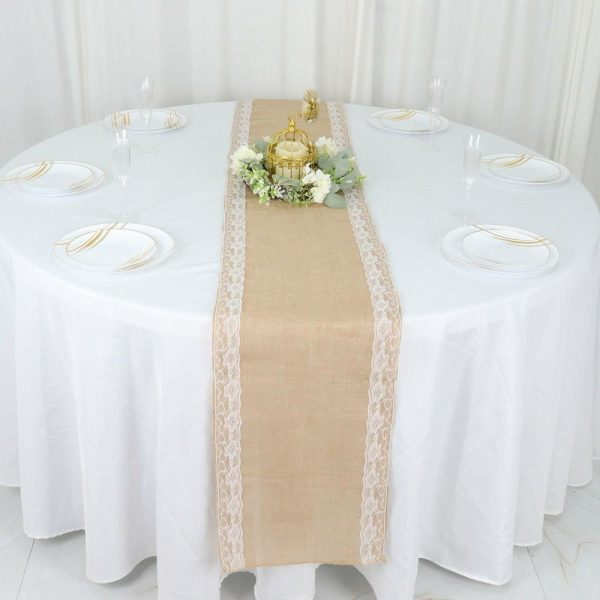 Jute Burlap & Lace Runners |  14″x104″ Natural Jute Burlap Table Runner With White Lace Trim Edges, Boho Chic Rustic Decor