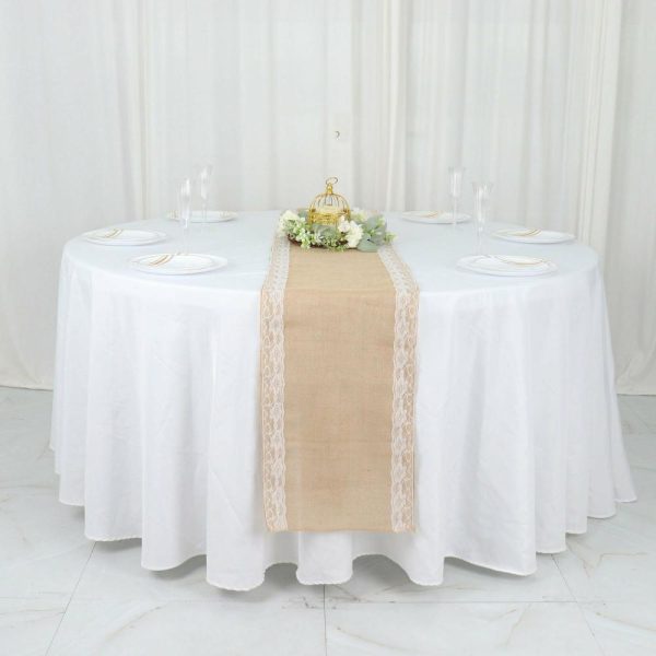 Jute Burlap & Lace Runners |  14″x104″ Natural Jute Burlap Table Runner With White Lace Trim Edges, Boho Chic Rustic Decor