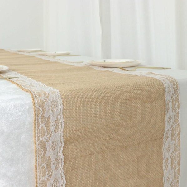 Jute Burlap & Lace Runners |  14″x104″ Natural Jute Burlap Table Runner With White Lace Trim Edges, Boho Chic Rustic Decor