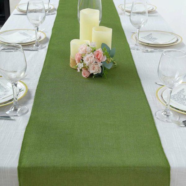 Jute Burlap & Lace Runners |  14″x108″ Moss Green Boho Chic Rustic Faux Burlap Cloth Table Runner