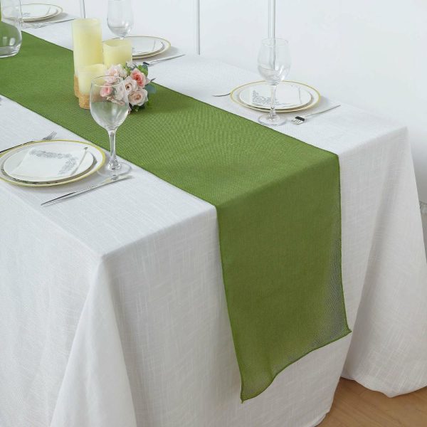 Jute Burlap & Lace Runners |  14″x108″ Moss Green Boho Chic Rustic Faux Burlap Cloth Table Runner