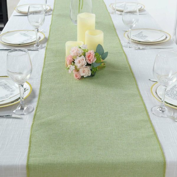 Jute Burlap & Lace Runners |  14″x108″ Sage Green Boho Chic Rustic Faux Burlap Cloth Table Runner