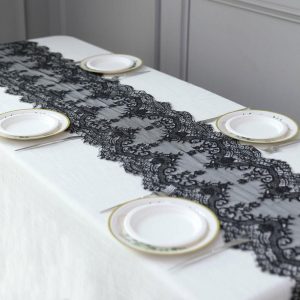 Jute Burlap & Lace Runners |  15″x117″ Black Premium Lace Fabric Table Runner, Vintage Classic Table Decor With Scalloped Frill Edges