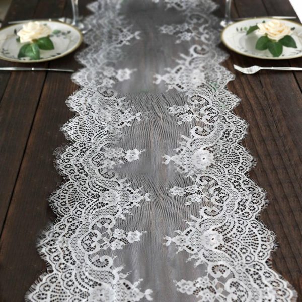 Jute Burlap & Lace Runners |  15″x117″ White Premium Lace Table Runner, Vintage Classy Rustic Runner Decor With Scalloped Frill Edges