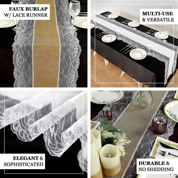 Jute Burlap & Lace Runners |  16″x108″ Ivory Faux Burlap Jute Table Runner With White Lace Edging, Farmhouse Boho Rustic Table Top Runner Decor