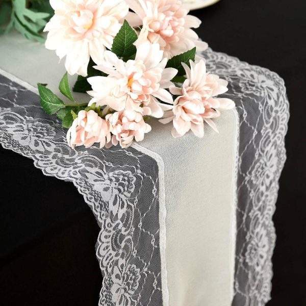 Jute Burlap & Lace Runners |  16″x108″ Ivory Faux Burlap Jute Table Runner With White Lace Edging, Farmhouse Boho Rustic Table Top Runner Decor