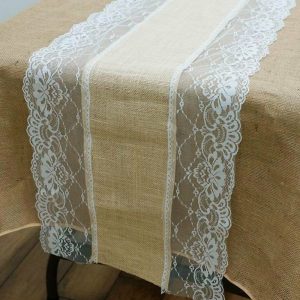 Jute Burlap & Lace Runners |  16″x108″ Natural Jute Burlap Table Runner With White Lace Edges