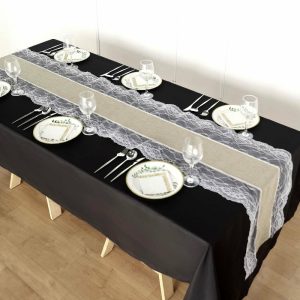 Jute Burlap & Lace Runners |  16″x108″ Taupe Faux Burlap Jute Table Runner With White Lace Edging, Farmhouse Boho Rustic Table Top Runner Decor