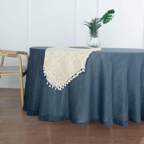 Jute & Lace |  120″ Blue Seamless Round Tablecloth, Linen Table Cloth With Slubby Textured, Wrinkle Resistant for 5 Foot Table With Floor-Length Drop