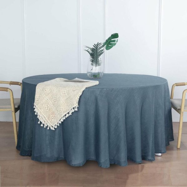 Jute & Lace |  120″ Blue Seamless Round Tablecloth, Linen Table Cloth With Slubby Textured, Wrinkle Resistant for 5 Foot Table With Floor-Length Drop