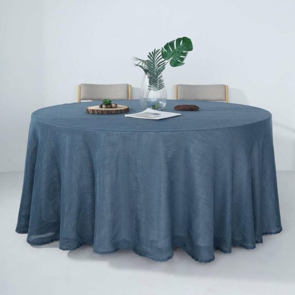 Jute & Lace |  120″ Blue Seamless Round Tablecloth, Linen Table Cloth With Slubby Textured, Wrinkle Resistant for 5 Foot Table With Floor-Length Drop