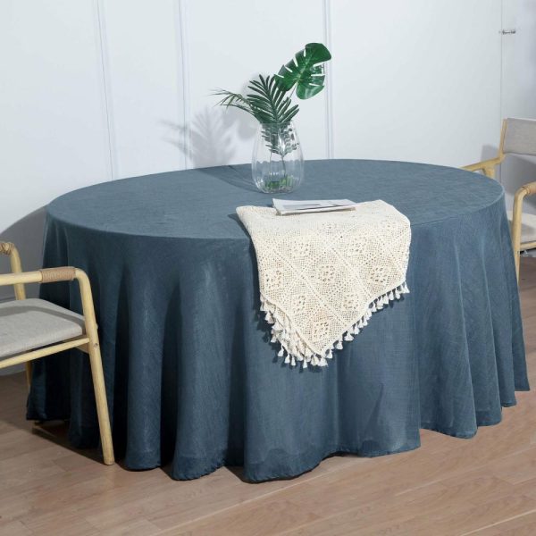 Jute & Lace |  120″ Blue Seamless Round Tablecloth, Linen Table Cloth With Slubby Textured, Wrinkle Resistant for 5 Foot Table With Floor-Length Drop